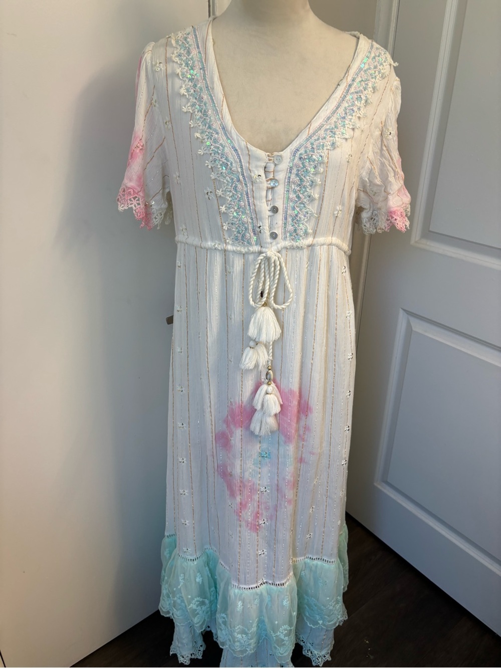 bebe White Maxi Dress with Pink and Mint Accents